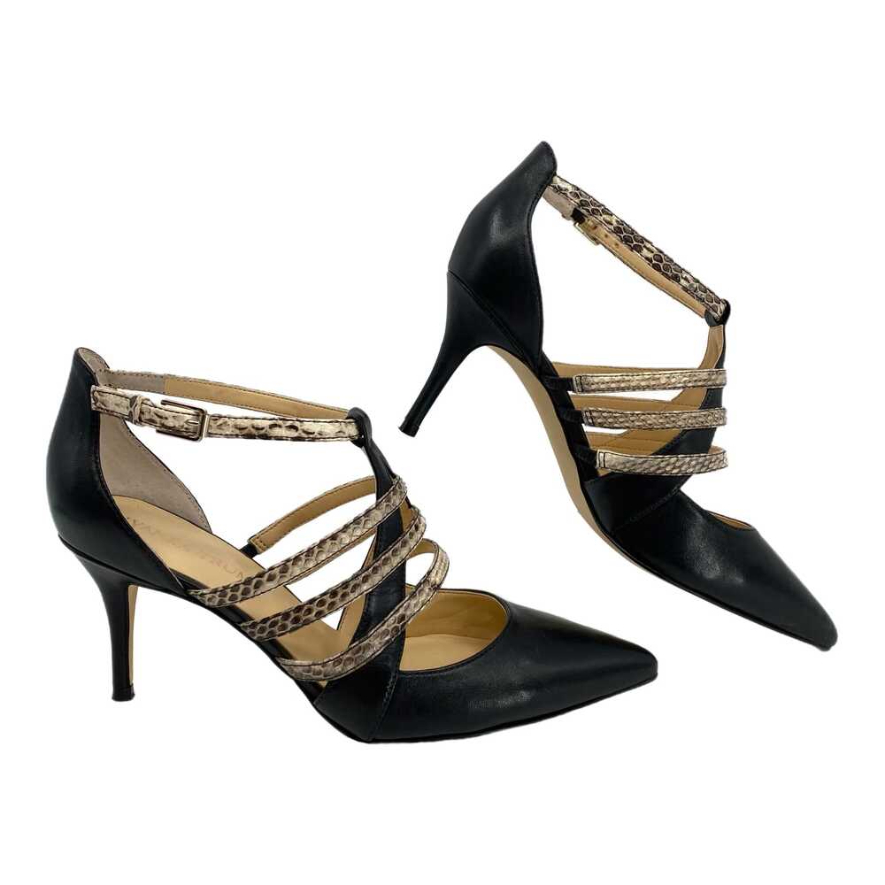 Ivanka Trump Black Beige Strappy Snakeskin Accent Heels | Womens 6